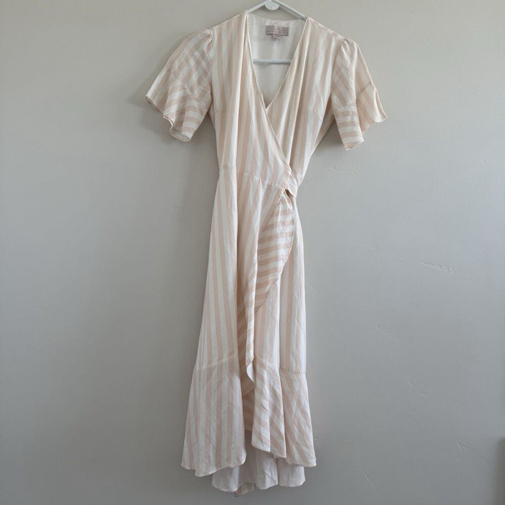 RP Rachel Parcell Women Midi Dress Pink peach Sheer Ruffle Sleeves wrap Lined XS - Picture 3 of 11